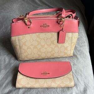 Coach Signature Canvas & Leather Satchel + Matching Wallet (Coral/Tan)